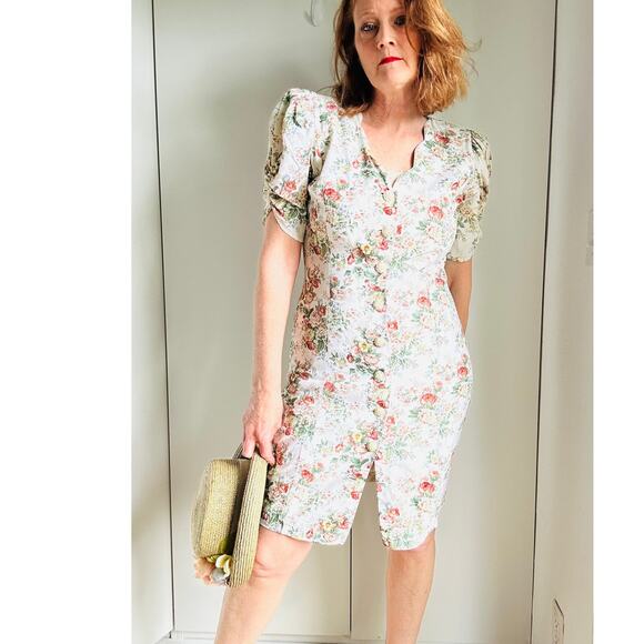 Vintage 90s Floral Pencil Dress Neutral Cottagecore Romantic Garden Party Sz 6-8 - Picture 1 of 11